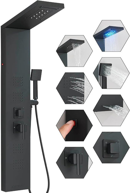 FUZ Shower Panel Tower System, Stainless Steel 5 IN 1 Shower Panel System with LED Fancy Rain Shower Head and Handheld, Adujstable Rainfall Massage Body Jets and Tub Spout, Matte Black Shower Tower