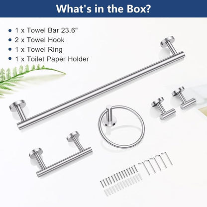 TQKAG Brushed Nickel Toilet Paper Holder, 5 Piece Towel Racks for Bathroom | 23.6" Bathroom Hardware Set, SUS304 Stainless Steel, Double Post Pivoting, Towel Hooks, Toilet Paper Holder Set Wall Mounted