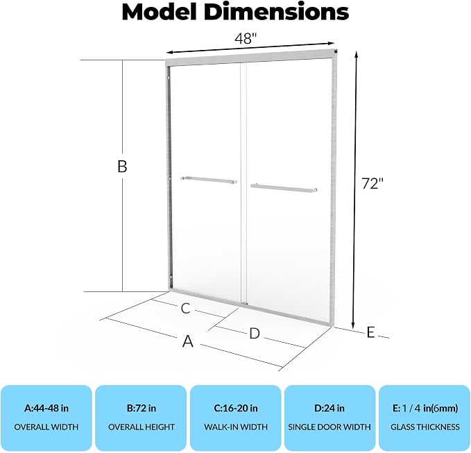 Shower Door, Frameless Shower Door 44-48" W x 72" H, Double Sliding Glass with 1/4'' (6mm) Clear Tempered Glass for Bathroom
