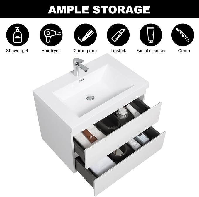 Pre-Assembled 30'' Wall Mounted Bathroom Vanity with Sink, Glossy White | Floating Bathroom Vanity with Solid Surface Top Basin, 2 Soft-Close Drawers, Resin Integrated Sink, Easy to Install & Clean