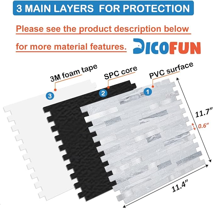 DICOFUN 10-Sheets Peel and Stick Backsplash Wall Tile, Faxu Stone PVC Mixed Metal Kitchen Backsplash Peel and Stick in Light Grey