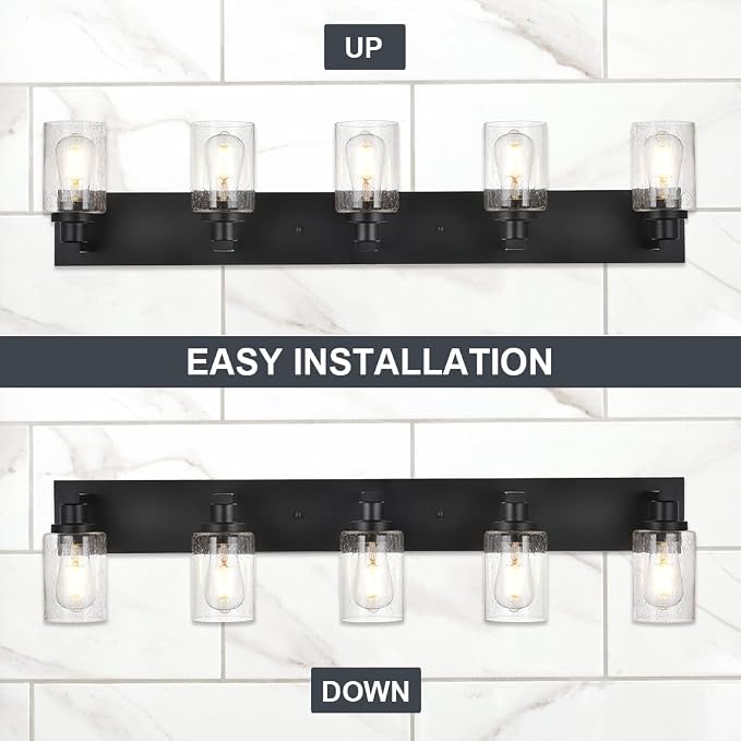 5-Lights Farmhouse Bathroom Vanity Light in Black Finish Wall Mount Lighting Fixtures with Seeded Glass for Mirror Cabinet Kitchen Bedroom