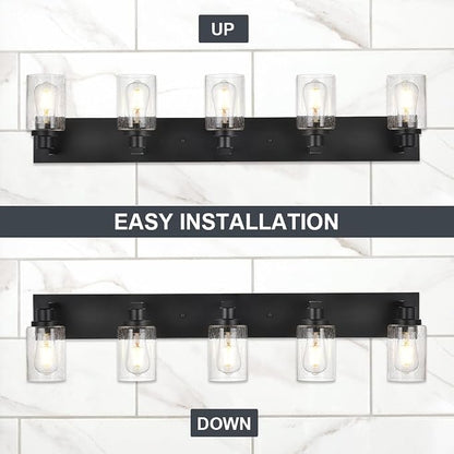 5-Lights Farmhouse Bathroom Vanity Light in Black Finish Wall Mount Lighting Fixtures with Seeded Glass for Mirror Cabinet Kitchen Bedroom