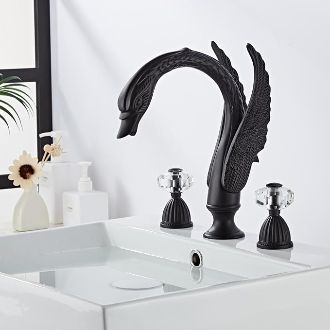 Golden Black Ornate Swan Style Bathroom Sink Faucet Combo Deck Mount Sink Mixer Tap Set Hot Cold Water