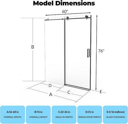 56-60" W x 76" H Frameless Sliding Shower Door – Waterproof Glass Shower Door-5/16 Tempered Clear Glass with Explosion-Proof Film, Matte Black Handle & Seal Strip