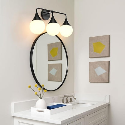 Bathroom Vanity Light Fixtures: 3 Lights Mid Century Modern Bathroom Lighting Fixtures Over Mirror - Matte Black Wall Sconce with Milky White Globe Glass for Bath Living Room