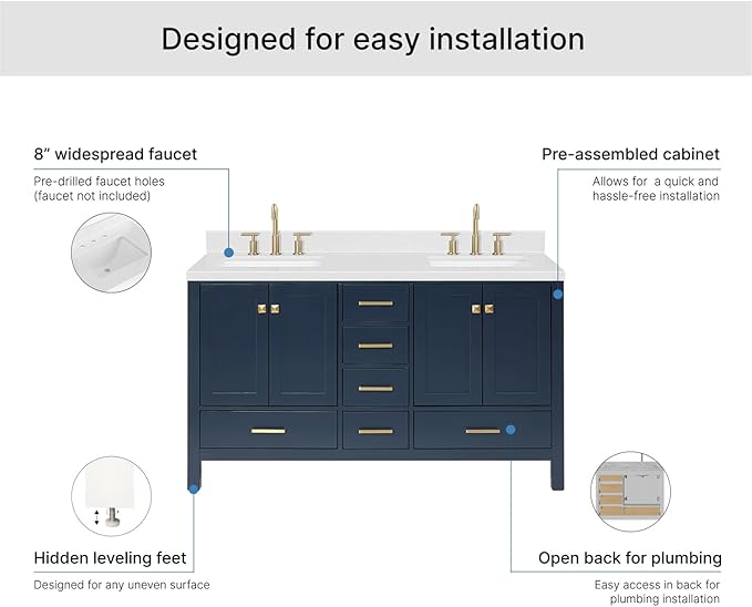 ARIEL Cambridge 60-inch Bathroom Vanity with Sink,Solid Wood, 1.5-inch Carrara White Quartz Countertop, Double Rectangular Porcelain Sink, 4 Soft Closing Doors, 6 Dovetail Drawers, Midnight Blue