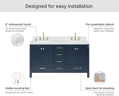 ARIEL Cambridge 60-inch Bathroom Vanity with Sink,Solid Wood, 1.5-inch Carrara White Quartz Countertop, Double Rectangular Porcelain Sink, 4 Soft Closing Doors, 6 Dovetail Drawers, Midnight Blue
