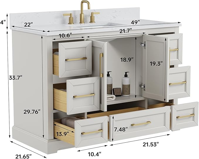 48" Bathroom Vanity with Sink,Undermount Ceramic Sink Vanity, Storage Cabinet with Sink,Drawers& No Installation Required, Small Wooden Bathroom Sink Cabinet, Greige White