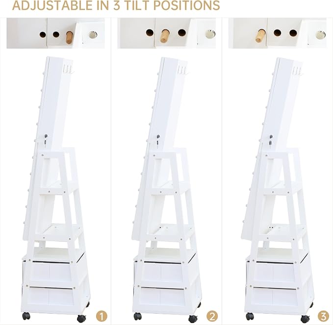 Jewelry Armoire Cabinet Organizer Standing with 20 LED Lights | Lockable Full Length Mirror with Storage Shelves and 2 Drawers (White) Adjustable Tilt Angles Gift for Her