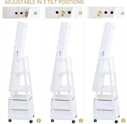 Jewelry Armoire Cabinet Organizer Standing with 20 LED Lights | Lockable Full Length Mirror with Storage Shelves and 2 Drawers (White) Adjustable Tilt Angles Gift for Her