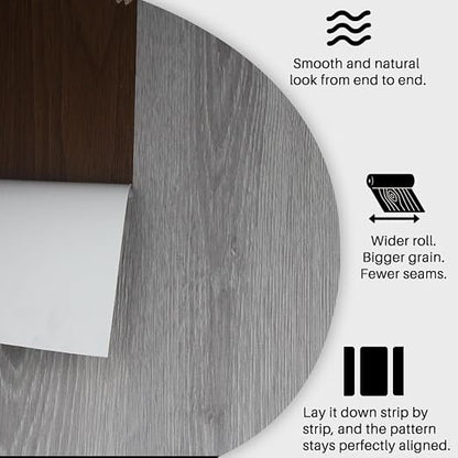 Wood Grain Peel and Stick Floor Tiles, 11.8" W × 394" L, Soft Gray | Soft wood‑look finish, Non‑slip texture, Long rolls reduce seams, Low‑maintenance surface, Budget‑friendly option, Waterproof