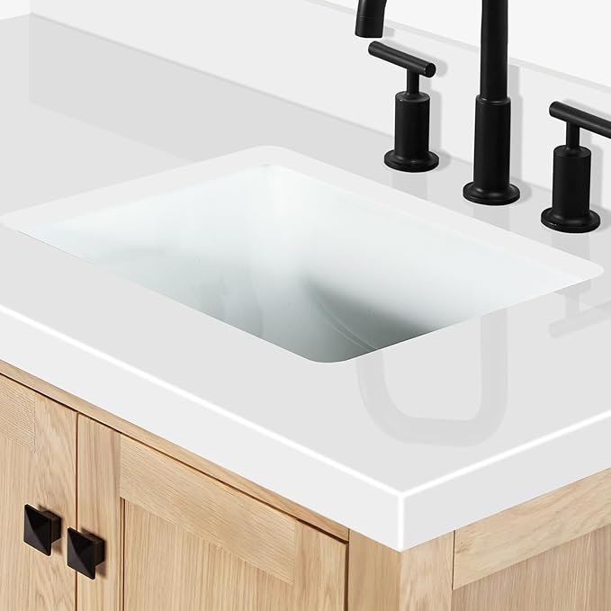 ARIEL 43 inch Bathroom Vanity top with Sink, 1.5 Inch Thick Miter Edge White Quartz top, Right Offset Vanity top with Rectangle Porcelain Sink, Includes Backsplash