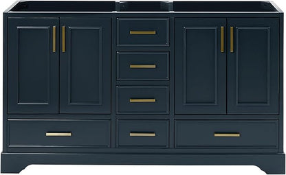 ARIEL Stafford 60-inch Bathroom Vanity Base Cabinet,Solid Wood, 4 Soft Closing Doors, 6 Dovetail Drawers, Satin Brass, Midnight Blue