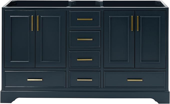 ARIEL Stafford 60-inch Bathroom Vanity Base Cabinet,Solid Wood, 4 Soft Closing Doors, 6 Dovetail Drawers, Satin Brass, Midnight Blue