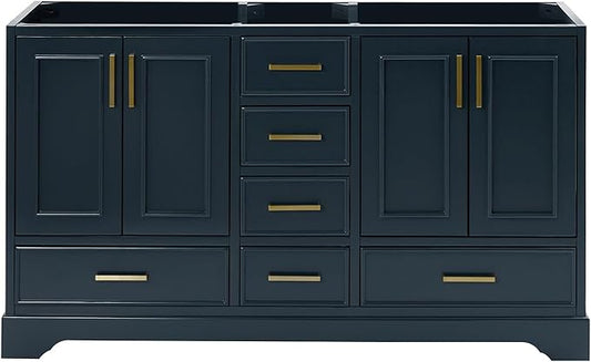 ARIEL Stafford 60-inch Bathroom Vanity Base Cabinet,Solid Wood, 4 Soft Closing Doors, 6 Dovetail Drawers, Satin Brass, Midnight Blue
