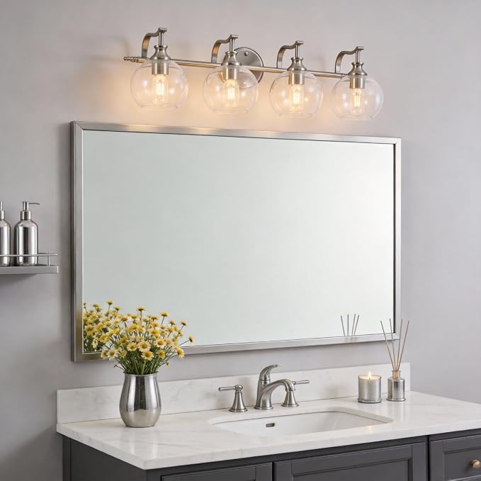 ANDY STAR Brushed Nickel Vanity Lights for Bathroom, 4 Light Vanity Light Brushed Nickel, Farmhouse Vanity Lighting Fixtures, 30.5 Inch Modern Silver Wall Sconce, E26 Base Bulbs Required, UL Certified