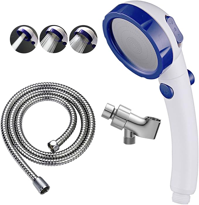 KAIYING High Pressure Handheld Shower Head with ON/OFF Pause Switch | 3 Spray Modes Shower Wand with Shut Off Button, Camper & RV Showerhead with Hose & Angle Adjustable Bracket, White & Blue