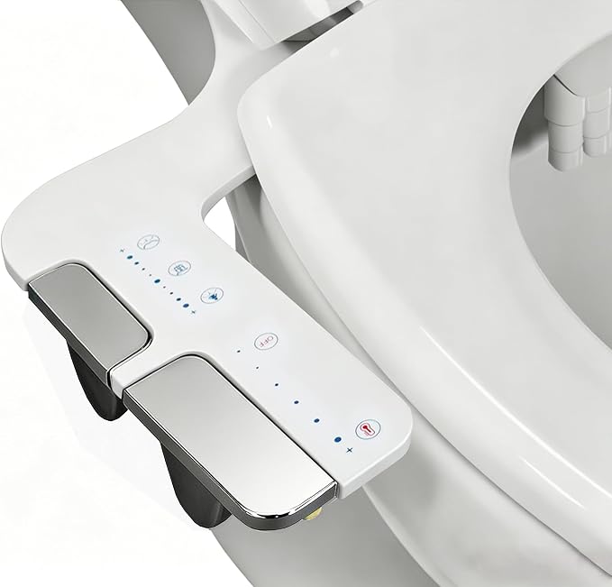 Ultra-Thin Warm Water Bidet - Hot & Cold Bidet for Toilet Seat | 0.2" Slim Non-Electric Bidet | Adjust Temp & Water Pressure | Female & Rear Care | Self-Cleaning Retractable Nozzles