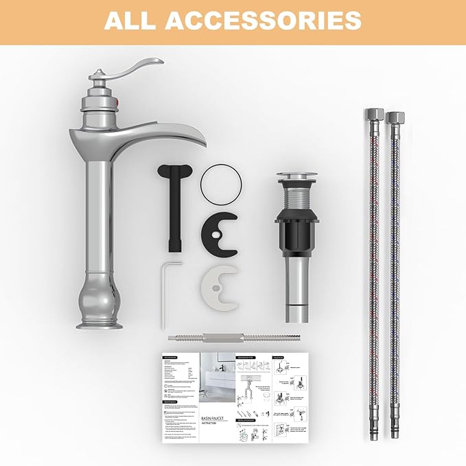BWE Chrome Vessel Sink Faucet Waterfall with Pop Up Drain Assembly and Supply Hose Single-Handle Single Hole Bathroom Faucet Lavatory Mixer Tap Tall Body