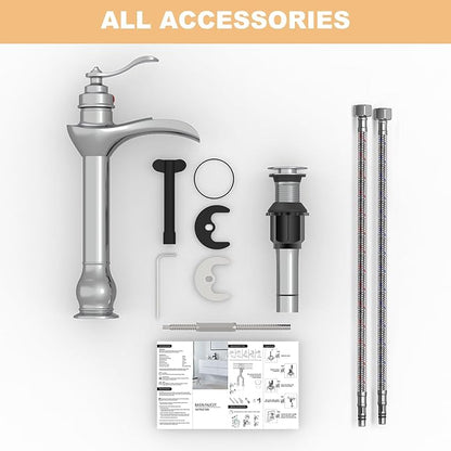 BWE Chrome Vessel Sink Faucet Waterfall with Pop Up Drain Assembly and Supply Hose Single-Handle Single Hole Bathroom Faucet Lavatory Mixer Tap Tall Body