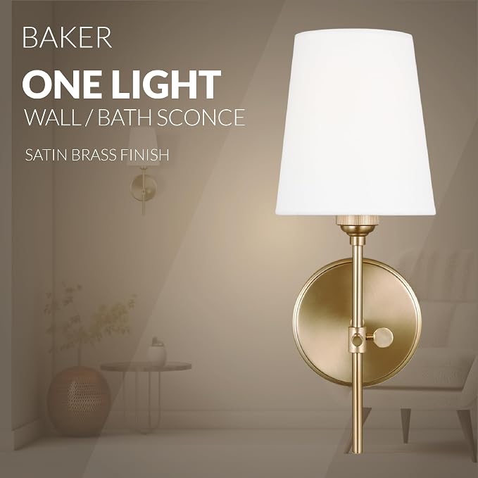 Generation Lighting Baker 1-Light Hardwired Wall Sconce in Satin Brass | Damp-Rated Wall Sconce, Bathroom Vanity Light, or Bathroom Fixture with White Linen Shade for Powder Room or Covered Patio