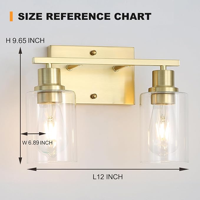 Brass Bedside Wall Sconces Set of 2, 1-Light Gold Bathroom Vanity Lights Fixtures with Clear Glass Shade, Farmhouse Modern E26 Wall Lamp for Hallway Living Room Bedroom