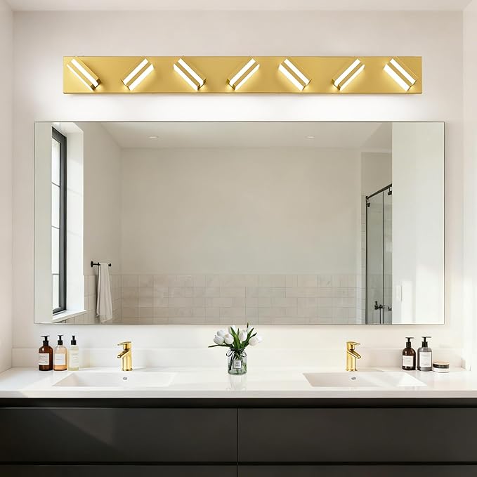 IZORRO LED Modern Bathroom Lights Fixtures(7-Light,Dimmable),Gold Acrylic Wall Lighting,Vanity Lights for Bathroom Over Mirror - 6000k 40In （No Assembly Required）