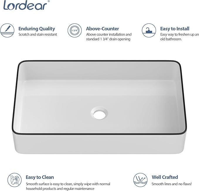 Lordear Rectangular Bathroom Vessel Sink 24x14 Inches White Bathroom Sinks 24 Inch with Black Rim Ceramic Sink Above Counter Lavatory Vanity