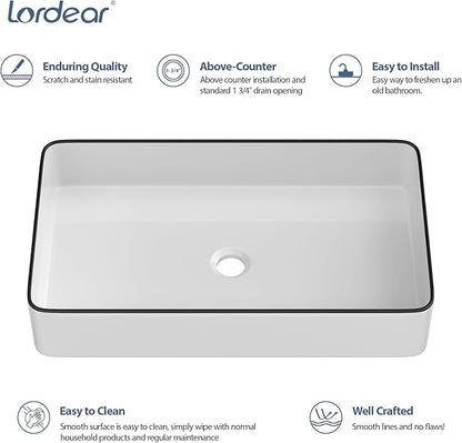 Lordear Rectangular Bathroom Vessel Sink 24x14 Inches White Bathroom Sinks 24 Inch with Black Rim Ceramic Sink Above Counter Lavatory Vanity