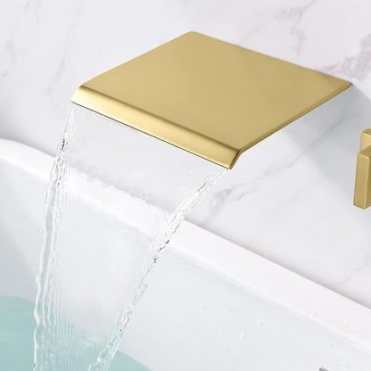 SUMERAIN Wall Mounted Bathtub Faucet with Handheld Shower, Waterfall Tub Faucet Filler Brushed Gold Finish, with Rough in Valve