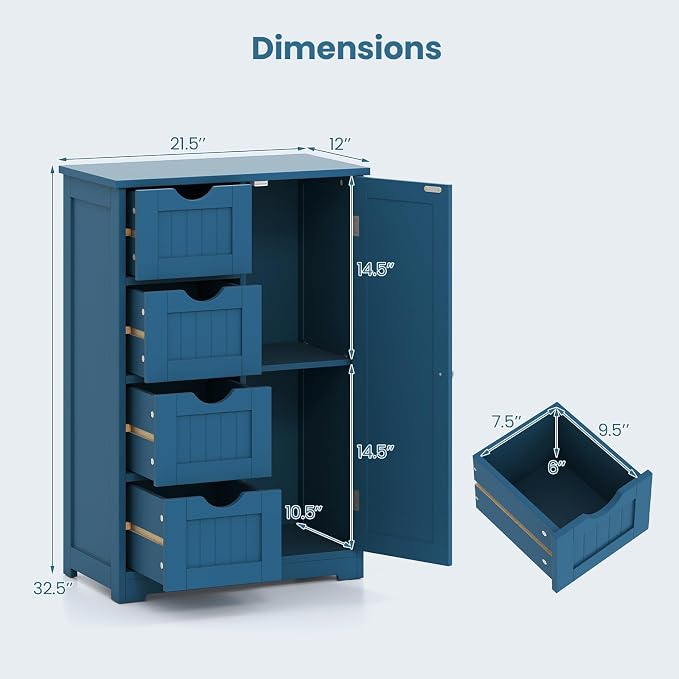 Giantex Bathroom Cabinet, Freestanding Storage Cabinet with 1 Door & 4 Drawers, 3-Level Adjustable Shelf, Anti-toppling System, Modern Storage Organizer for Bathroom, Living Room, Kitchen (Blue)