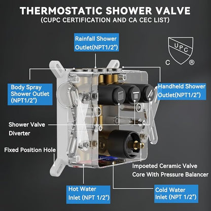 Shower System with Body Jets, STARBATH 12" Rain Shower with 2 in 1 Handheld and 4 Body Jets, Can Use All at Once, Push Button Thermostatic Valve and Trim Kit Complete Shower Faucets Sets, Matte Black