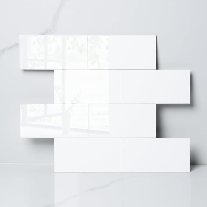 Luxury 10 Sheet Peel and Stick Backsplash,12”x12”Pure White Subway Tile for Kitchen Wall,Self Adhesive Glossy Faux Marble Tile,Stick on Accent Wall Backsplash Tile for Living Room, Bedroom,RV