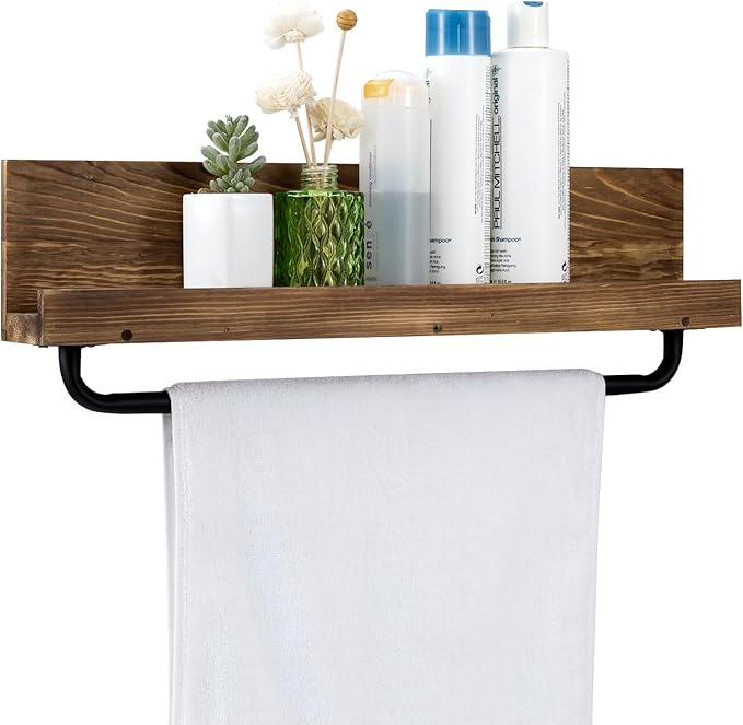 MyGift Bathroom Shelf with Towel Bar 22 Inch, Bath Towel Holder Rack Hanger, Wall Mounted Bathroom Display Storage Shelf, Rustic Burnt Wood with Industrial Metal Pipe