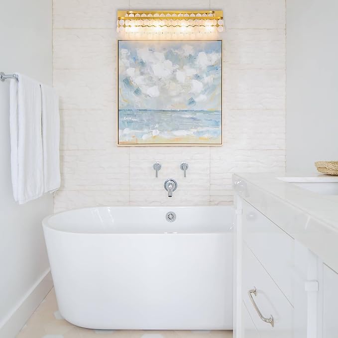 TOCHIC Bathroom Vanity Light with Natural Capiz Shell Shade, Brushed Gold Coastal 4 Lights Vanity Light, Modern Wall Mount Lighting Fixture for Mirror Cabinets, Powder Room, Bedroom Living Room 30” W