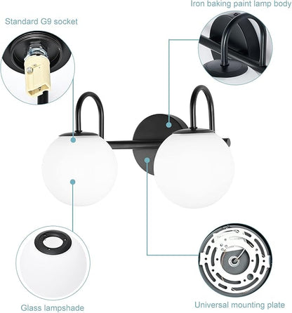 Mid Century Modern Vanity Lights for Bathroom, Black Metal Frame and Milk White Frosted Glass Globe, 2 Lights, Wall Sconce, 7.09"L x 7.09"W x 14.17"H