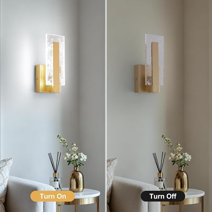 Modern LED Wall Sconces Set of 2, Hardwired Acrylic Wall Light Lighting, Gold Indoor Lighting Fixture Lamps, 6000K Cool White Wall Mount Lamps for Bedroom Corridor Stairs Bathroom
