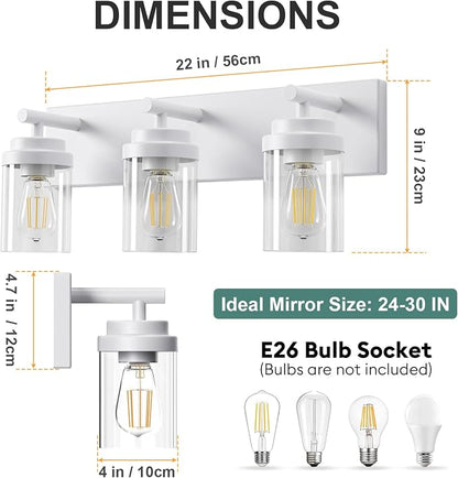 IZORRO Bathroom Vanity Light Fixture, 3-Light 22 Inch White Bathroom Light Fixtures Over Mirror, with Clear Glass Shade, Modern Farmhouse Vanity Lights, Rustic Restroom Lighting Fixtures