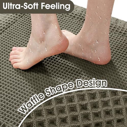 Upgraded Waffle Bath Mat Set 2 Piece Greyish Green-Bordered, Super Absorbent Non-Slip Quick Dry Bathroom Rugs with Tassels, Machine Washable Ultra Soft Boho Bath Rugs, Toilet Mats Boho Farmhouse Decor