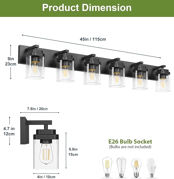 Black Bathroom Light Fixtures, 6 Lights Bathroom Lighting Fixtures Over Mirror, Square Design & Rectangle Large Backplate, Modern Vanity Lighting Fixtures, for Bathroom/Living Room/Bedroom