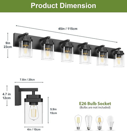 Black Bathroom Light Fixtures, 6 Lights Bathroom Lighting Fixtures Over Mirror, Square Design & Rectangle Large Backplate, Modern Vanity Lighting Fixtures, for Bathroom/Living Room/Bedroom
