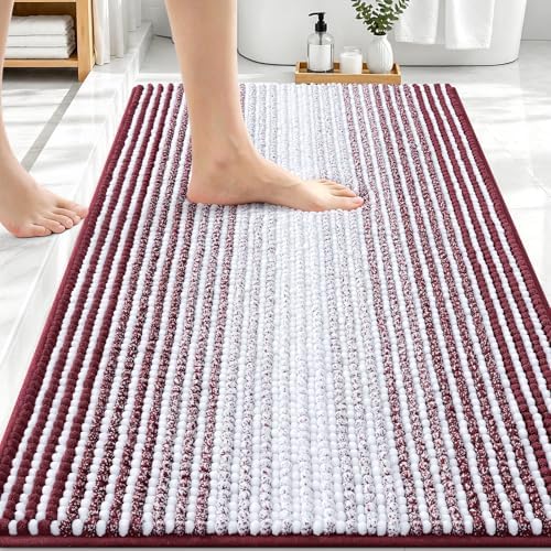 OLANLY Bathroom Rugs 30x20, Soft Chenille Striped Bath Rugs, Burgundy