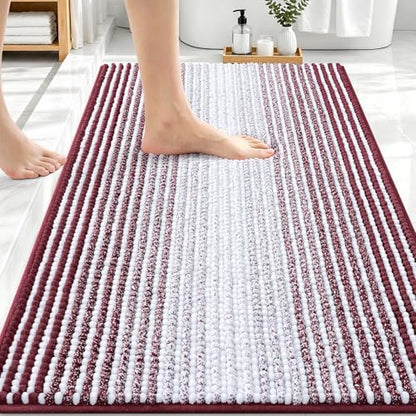 OLANLY Bathroom Rugs 30x20, Soft Chenille Striped Bath Rugs, Burgundy