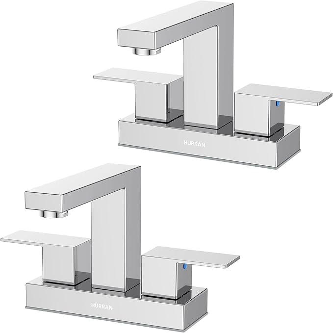 Bathroom Sink Faucet, Hurran 4 inch Chrome Bathroom Faucets for Sink 3 Hole with Pop-up Drain and Supply Lines, Stainless Steel 2-Handle Faucet for Vanity RV Restroom, 2 Pack