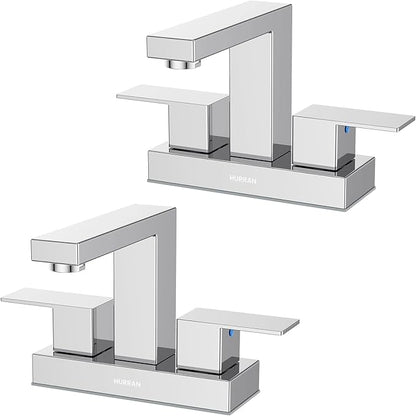 Bathroom Sink Faucet, Hurran 4 inch Chrome Bathroom Faucets for Sink 3 Hole with Pop-up Drain and Supply Lines, Stainless Steel 2-Handle Faucet for Vanity RV Restroom, 2 Pack