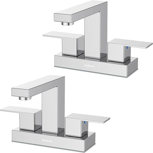 Bathroom Sink Faucet, Hurran 4 inch Chrome Bathroom Faucets for Sink 3 Hole with Pop-up Drain and Supply Lines, Stainless Steel 2-Handle Faucet for Vanity RV Restroom, 2 Pack