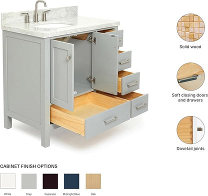 ARIEL Cambridge 36-inch Bathroom Vanity with Sink,Solid Wood, 1.5-inch Italian Carrara Marble Countertop & Backsplash, Single Oval Porcelain Sink, 2 Soft Closing Doors, 5 Dovetail Drawers, Grey