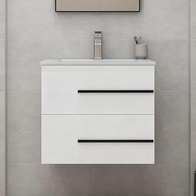 24 inch Floating Bathroom Vanity Without Sink, Space Saving Fluted Design for Small Bathrooms, Soft Closing Drawers & Black Handles White