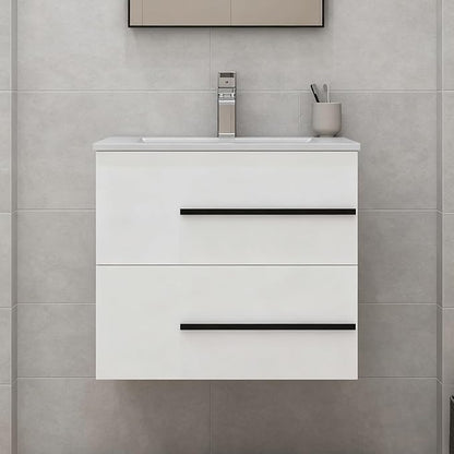24 inch Floating Bathroom Vanity with Sink, Space Saving Fluted Design for Small Bathrooms, Drawers & Black Handles White